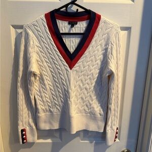 Talbots Cream V-Neck Cable Knit Sweater with Red and Navy Trim